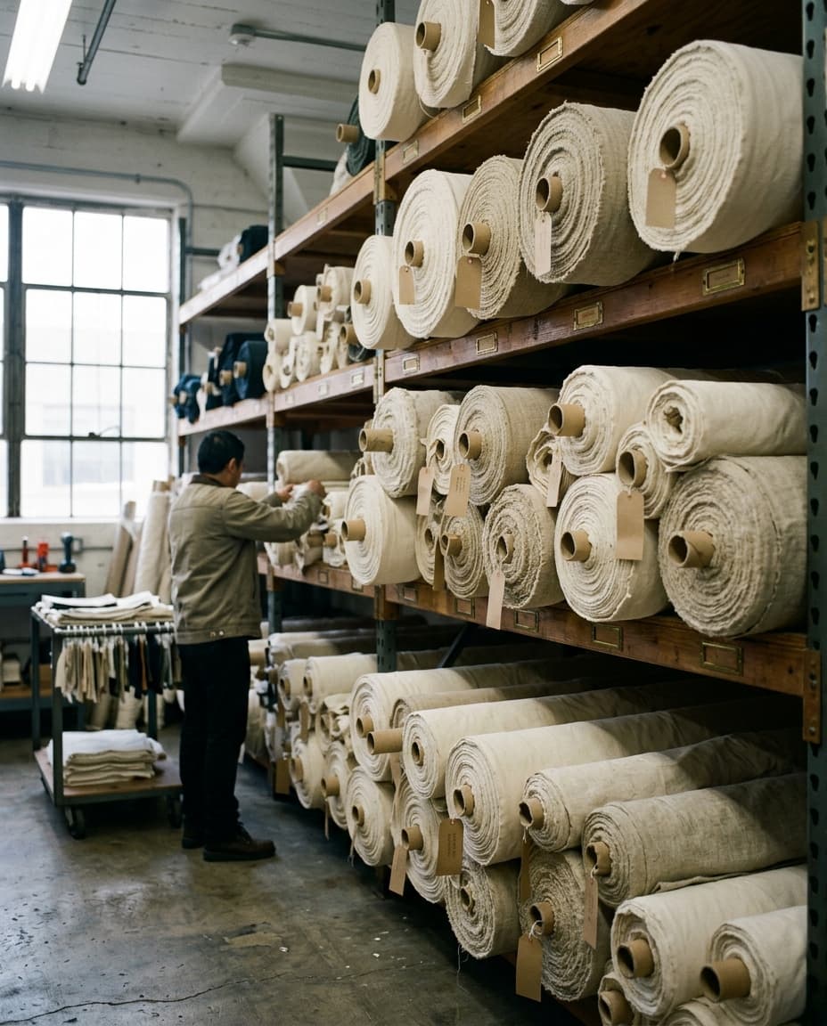 Rolls of certified organic and recycled fabric in a sourcing library