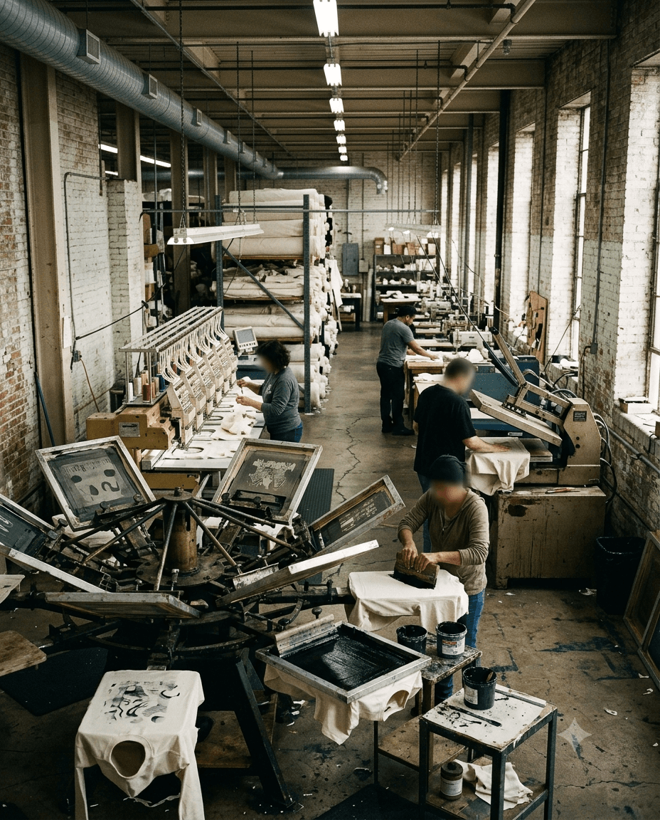 In-house printing and embellishment facility with press, embroidery and wash stations