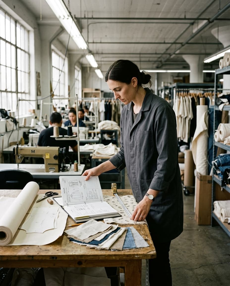 Production team reviewing a tech pack and fabric swatches