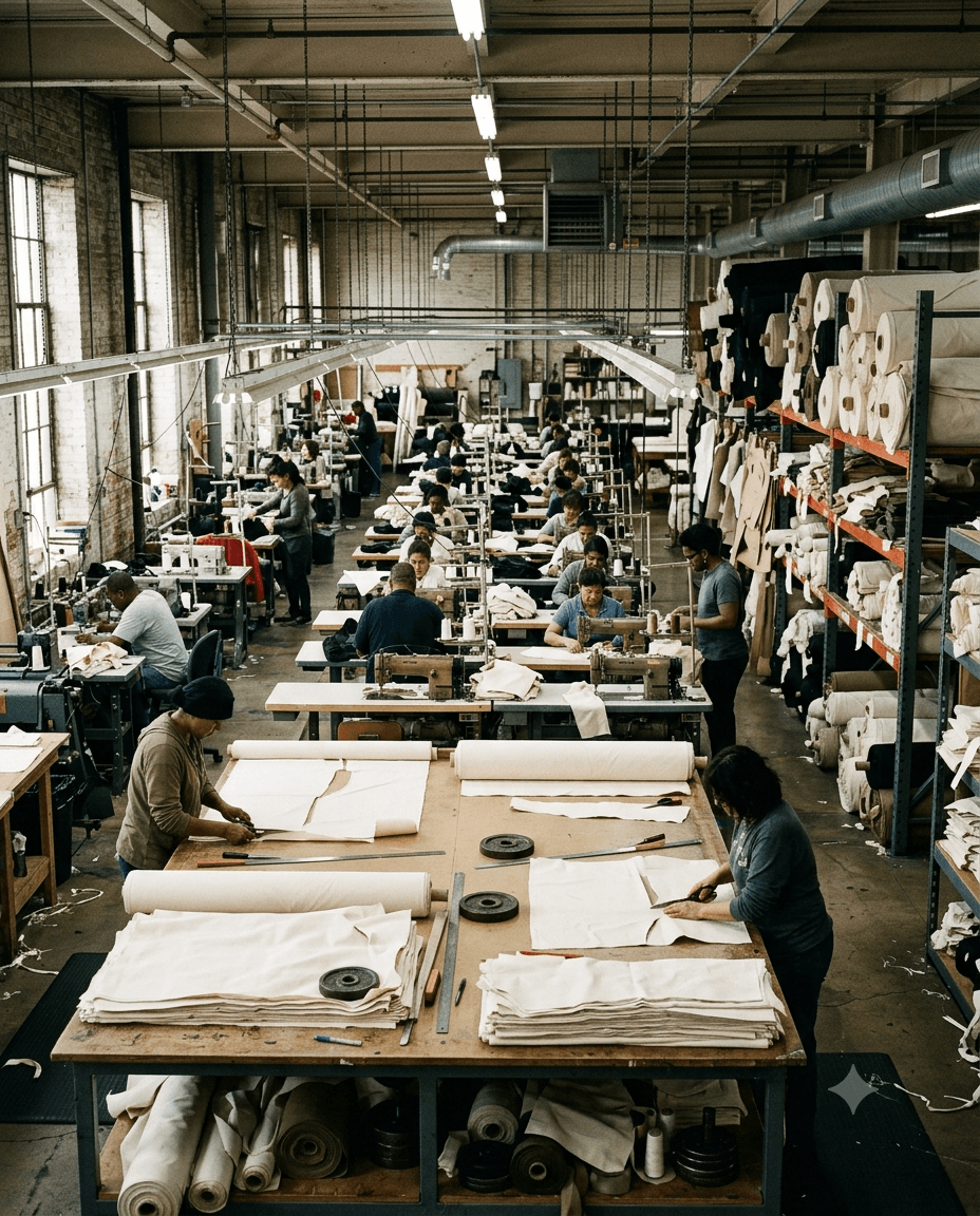 Garment manufacturing floor with fabric cutting tables and sewing lines